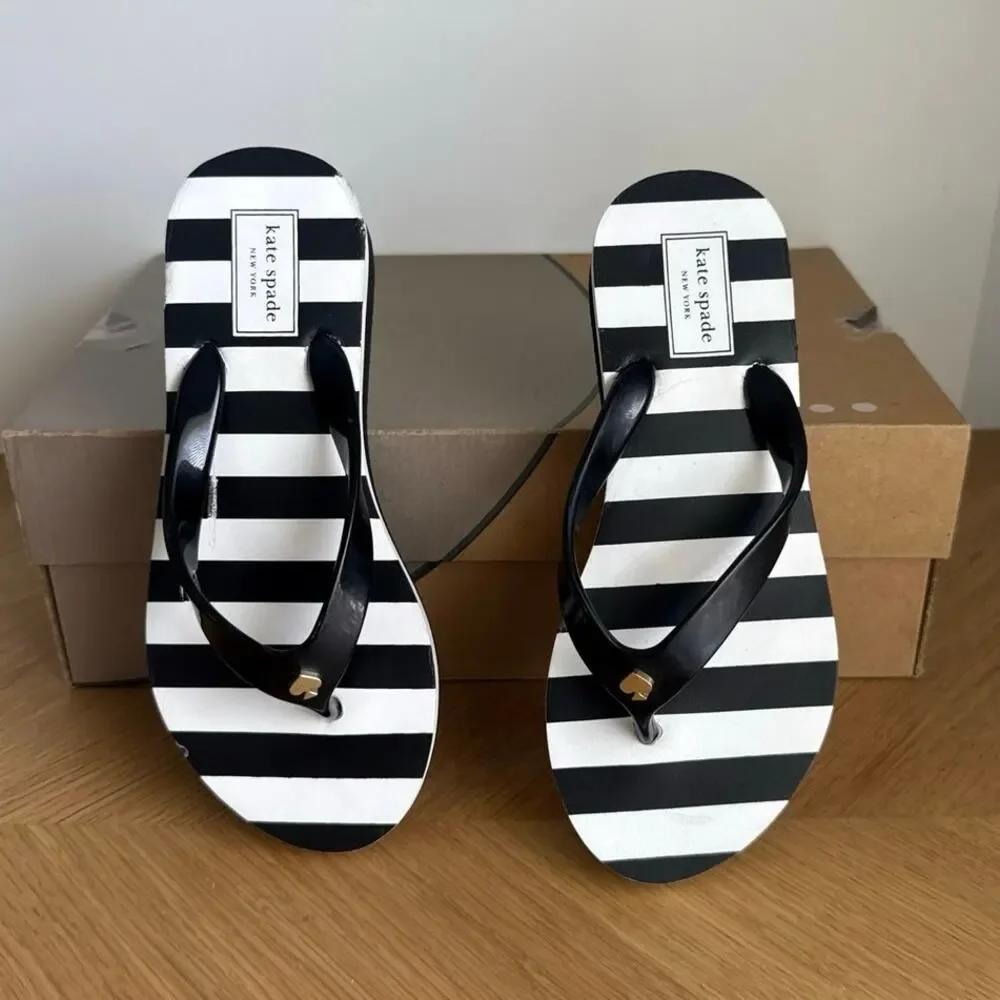 Kate Spade Black/White Striped Women Wedge Sandals - SZ 5